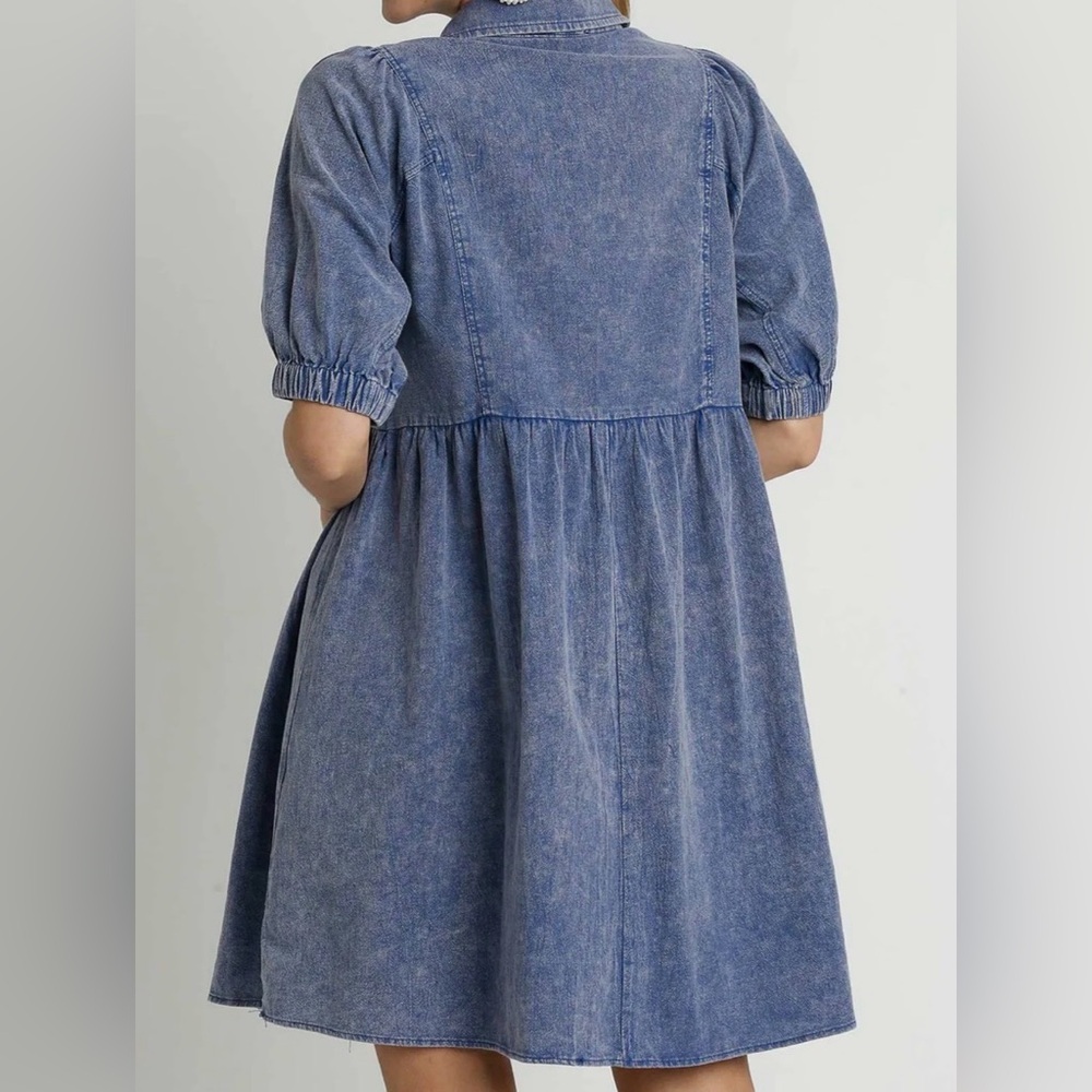 Umgee Mineral Wash Blue Denim Ruffle Puffed Sleeve Babydoll Dress - S - Picture 2 of 9